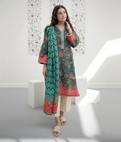 2 Piece Green Slub Linen Kurta Dupatta