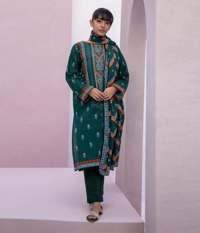 3 Piece Green Slub Linen Kurta Dupatta Trouser- Ready to Wear